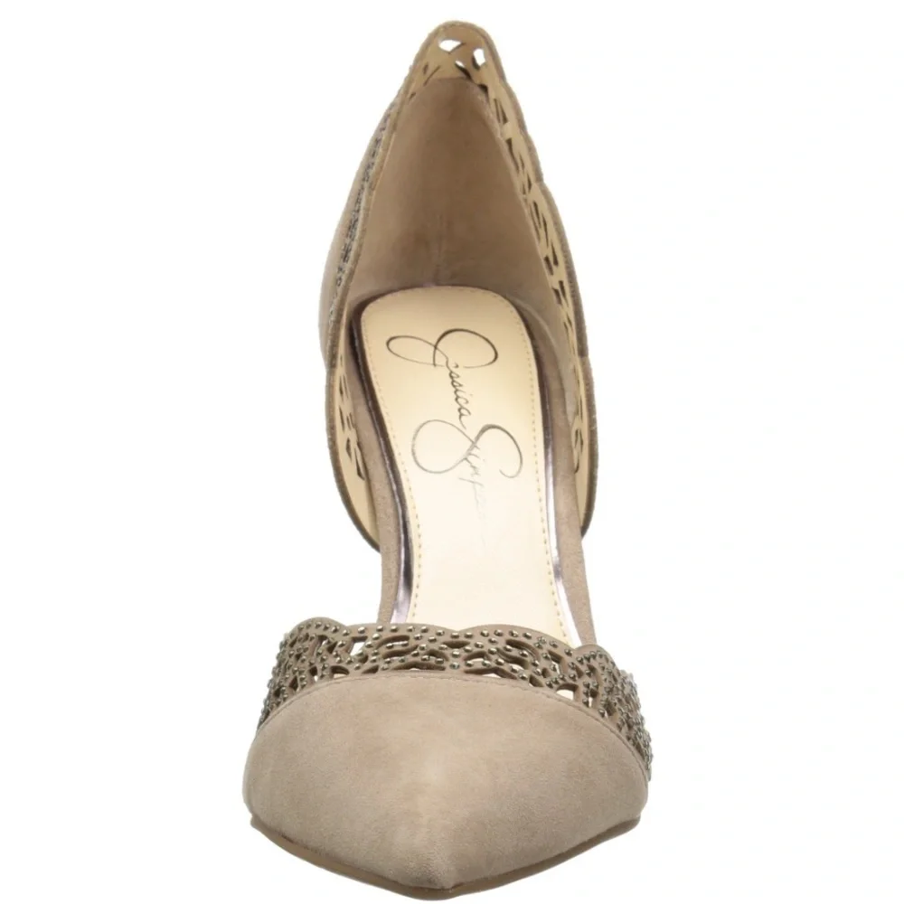 Jessica Simpson‎ Teriann tan suede slip on heels pump embellished cut out trim 7